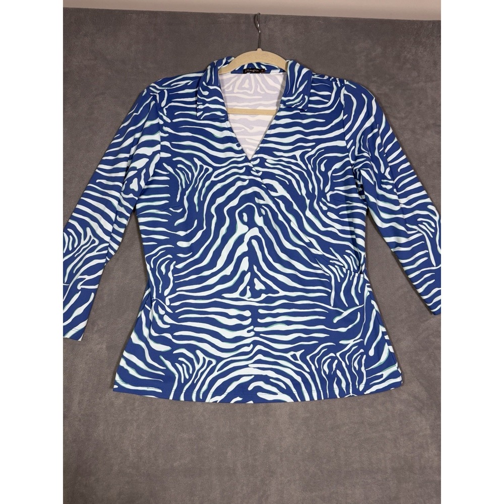 J McLaughlin Catalina Cloth Blue Zebra Print Faux Wrap Blouse Top Size Medium